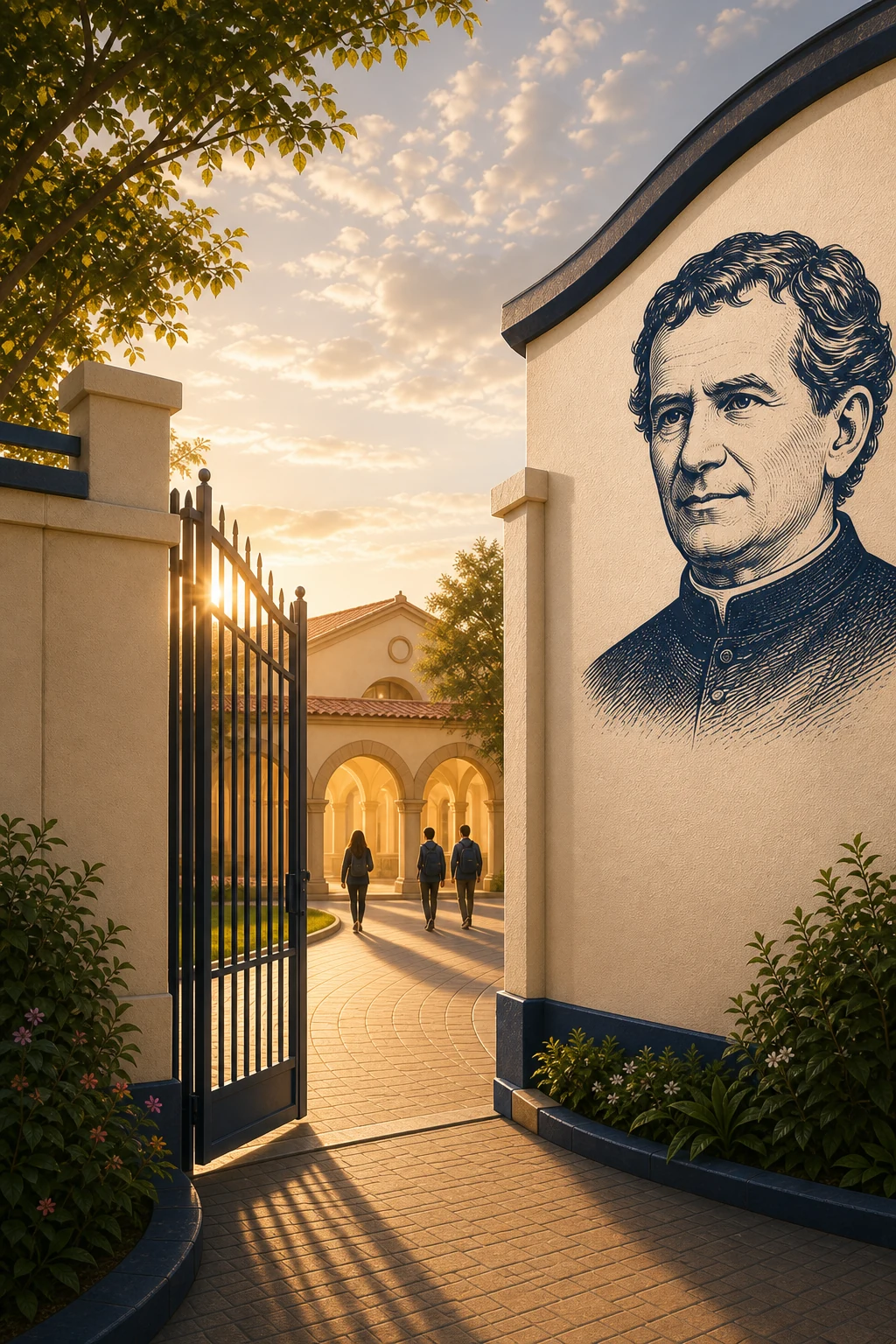 Ilustração editorial de Dom Bosco junto a uma entrada salesiana acolhedora.